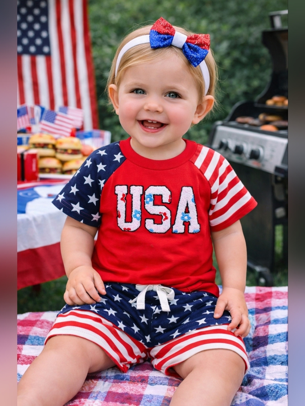 Baby Girl Patriotic USA Outfit Set Red White Blue Stars Stripes 6-9 Months‎ NWT
